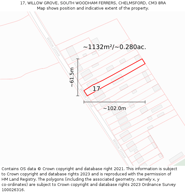 17, WILLOW GROVE, SOUTH WOODHAM FERRERS, CHELMSFORD, CM3 8RA: Plot and title map