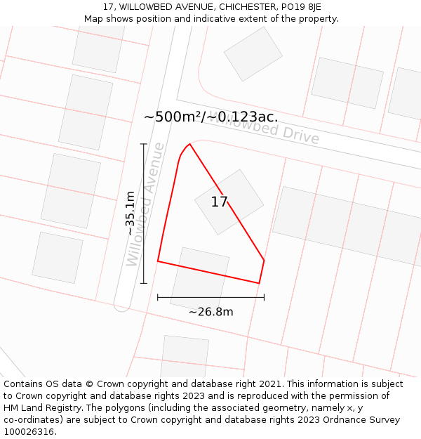 17, WILLOWBED AVENUE, CHICHESTER, PO19 8JE: Plot and title map