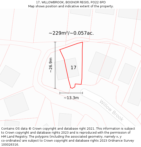 17, WILLOWBROOK, BOGNOR REGIS, PO22 6PD: Plot and title map