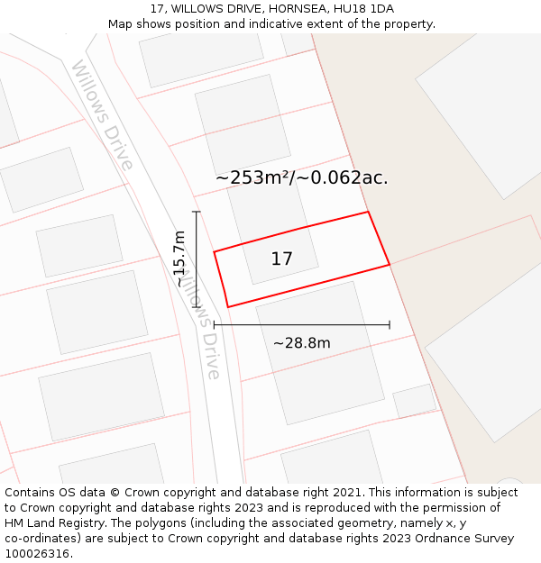 17, WILLOWS DRIVE, HORNSEA, HU18 1DA: Plot and title map