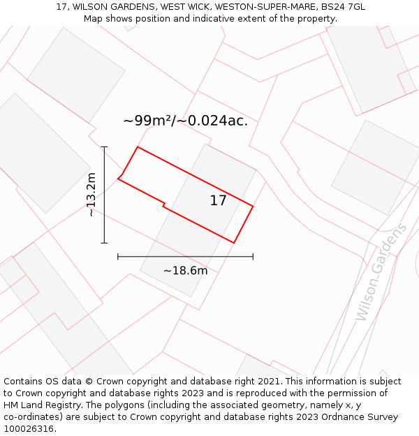 17, WILSON GARDENS, WEST WICK, WESTON-SUPER-MARE, BS24 7GL: Plot and title map
