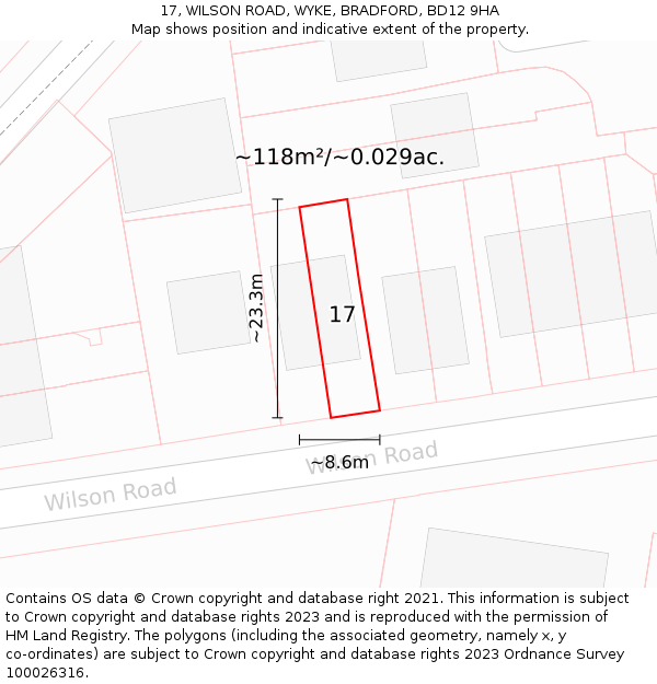17, WILSON ROAD, WYKE, BRADFORD, BD12 9HA: Plot and title map