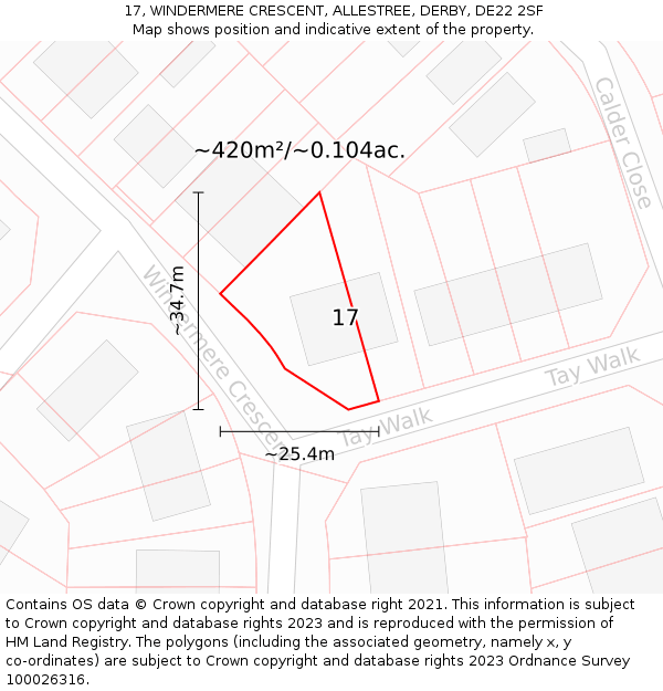 17, WINDERMERE CRESCENT, ALLESTREE, DERBY, DE22 2SF: Plot and title map