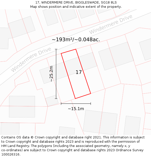 17, WINDERMERE DRIVE, BIGGLESWADE, SG18 8LS: Plot and title map