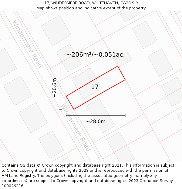 17, WINDERMERE ROAD, WHITEHAVEN, CA28 9LY: Plot and title map