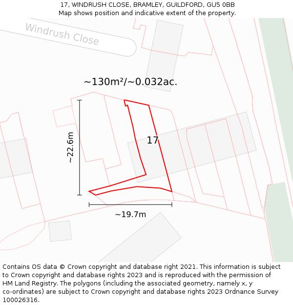 17, WINDRUSH CLOSE, BRAMLEY, GUILDFORD, GU5 0BB: Plot and title map