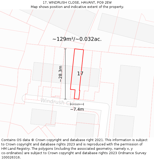 17, WINDRUSH CLOSE, HAVANT, PO9 2EW: Plot and title map
