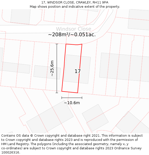 17, WINDSOR CLOSE, CRAWLEY, RH11 9PA: Plot and title map
