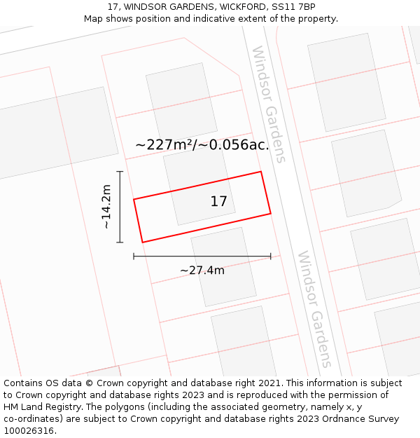 17, WINDSOR GARDENS, WICKFORD, SS11 7BP: Plot and title map