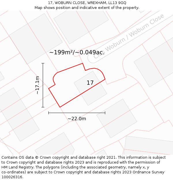 17, WOBURN CLOSE, WREXHAM, LL13 9GQ: Plot and title map