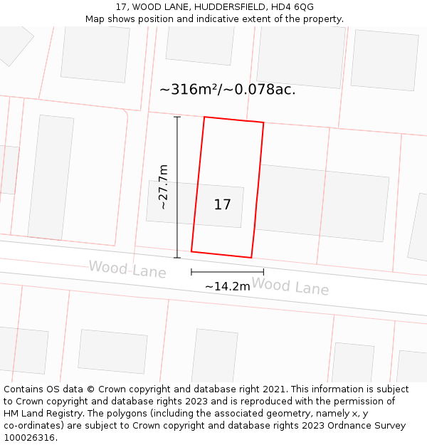 17, WOOD LANE, HUDDERSFIELD, HD4 6QG: Plot and title map