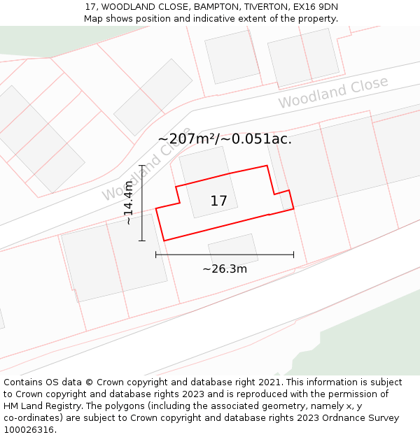 17, WOODLAND CLOSE, BAMPTON, TIVERTON, EX16 9DN: Plot and title map