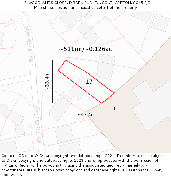 17, WOODLANDS CLOSE, DIBDEN PURLIEU, SOUTHAMPTON, SO45 4JG: Plot and title map
