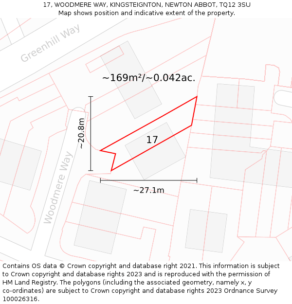 17, WOODMERE WAY, KINGSTEIGNTON, NEWTON ABBOT, TQ12 3SU: Plot and title map
