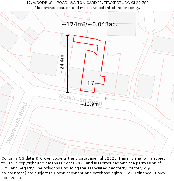 17, WOODRUSH ROAD, WALTON CARDIFF, TEWKESBURY, GL20 7SF: Plot and title map