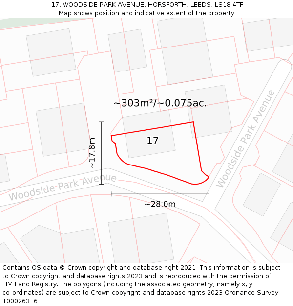 17, WOODSIDE PARK AVENUE, HORSFORTH, LEEDS, LS18 4TF: Plot and title map