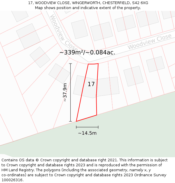 17, WOODVIEW CLOSE, WINGERWORTH, CHESTERFIELD, S42 6XG: Plot and title map