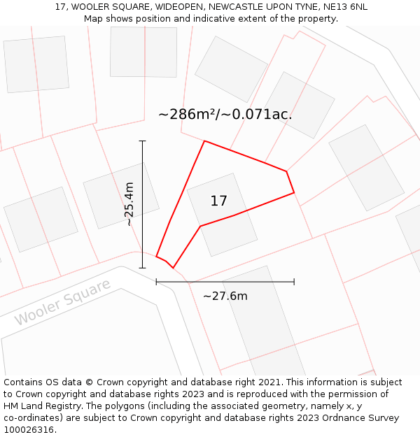 17, WOOLER SQUARE, WIDEOPEN, NEWCASTLE UPON TYNE, NE13 6NL: Plot and title map