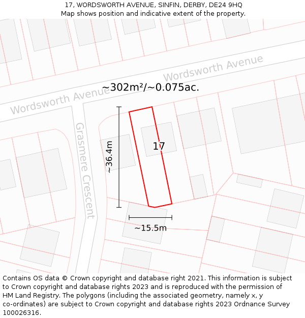 17, WORDSWORTH AVENUE, SINFIN, DERBY, DE24 9HQ: Plot and title map