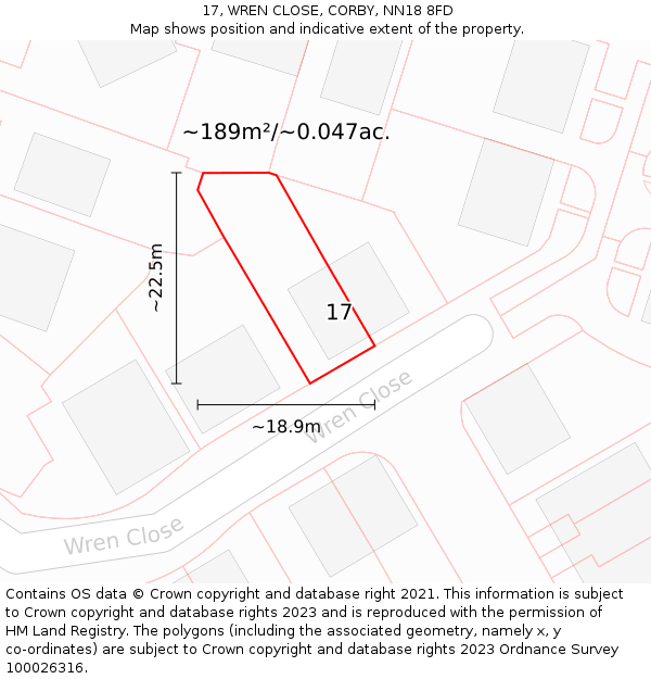 17, WREN CLOSE, CORBY, NN18 8FD: Plot and title map