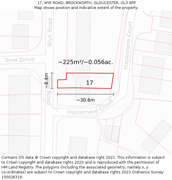 17, WYE ROAD, BROCKWORTH, GLOUCESTER, GL3 4PP: Plot and title map