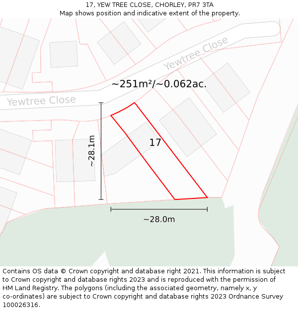 17, YEW TREE CLOSE, CHORLEY, PR7 3TA: Plot and title map