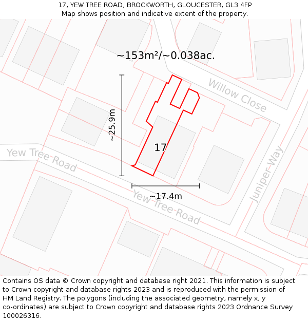 17, YEW TREE ROAD, BROCKWORTH, GLOUCESTER, GL3 4FP: Plot and title map