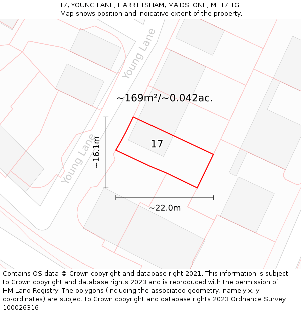 17, YOUNG LANE, HARRIETSHAM, MAIDSTONE, ME17 1GT: Plot and title map