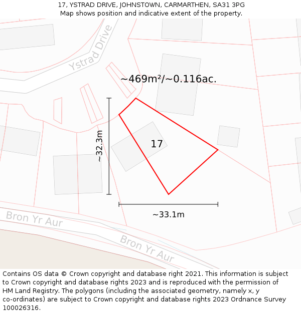 17, YSTRAD DRIVE, JOHNSTOWN, CARMARTHEN, SA31 3PG: Plot and title map