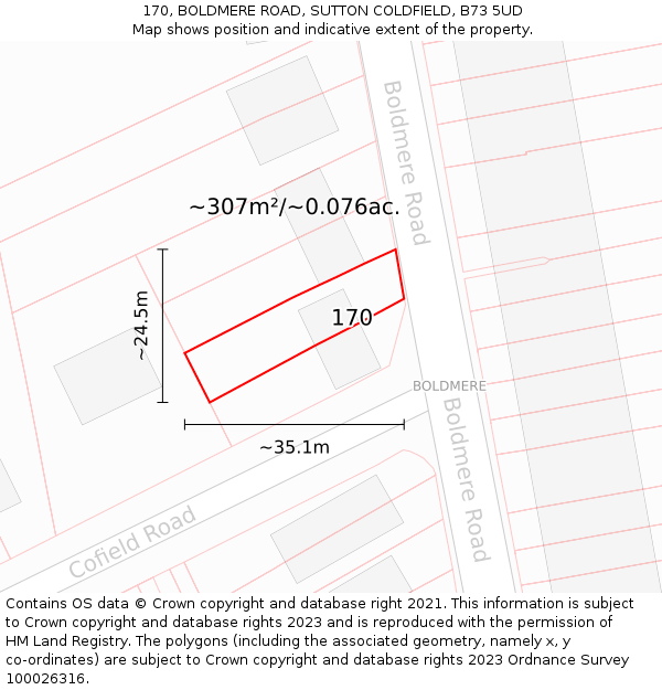 170, BOLDMERE ROAD, SUTTON COLDFIELD, B73 5UD: Plot and title map