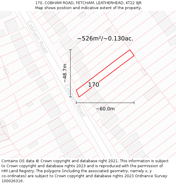170, COBHAM ROAD, FETCHAM, LEATHERHEAD, KT22 9JR: Plot and title map