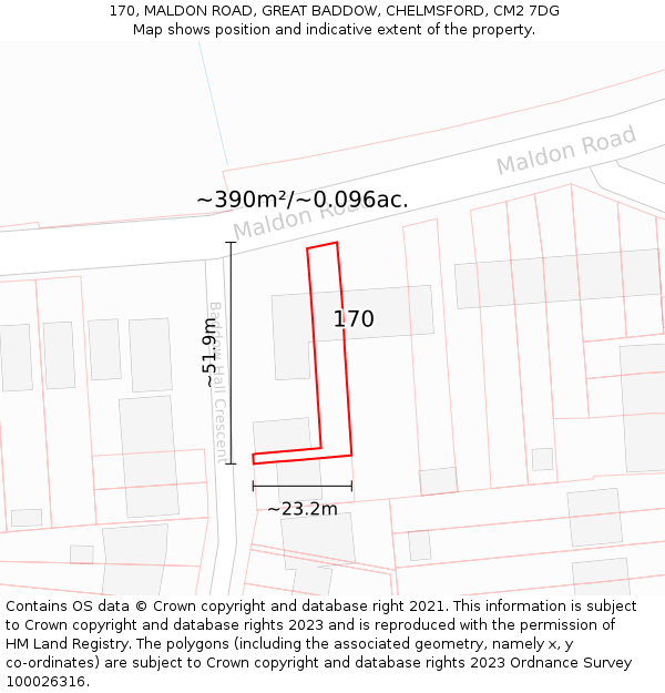 170, MALDON ROAD, GREAT BADDOW, CHELMSFORD, CM2 7DG: Plot and title map