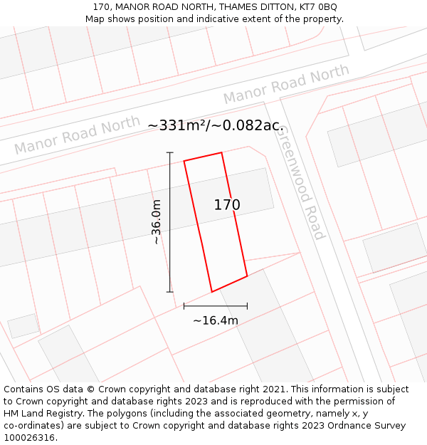 170, MANOR ROAD NORTH, THAMES DITTON, KT7 0BQ: Plot and title map