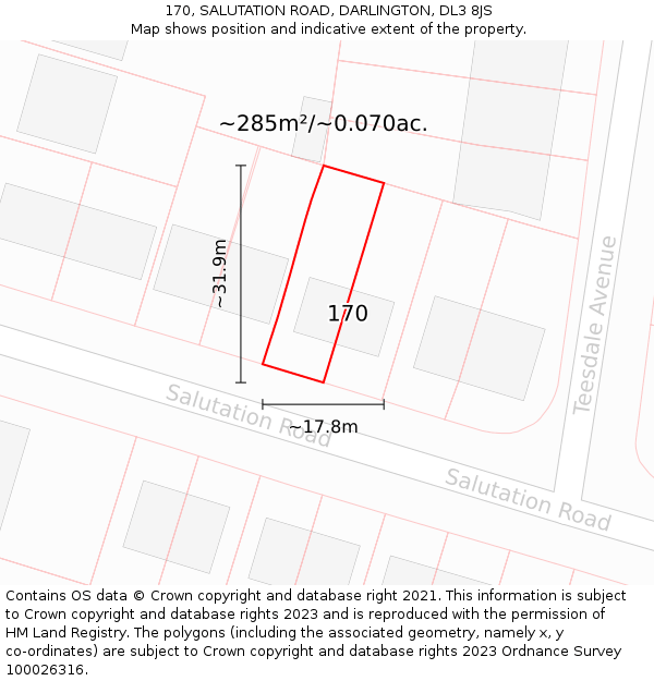 170, SALUTATION ROAD, DARLINGTON, DL3 8JS: Plot and title map