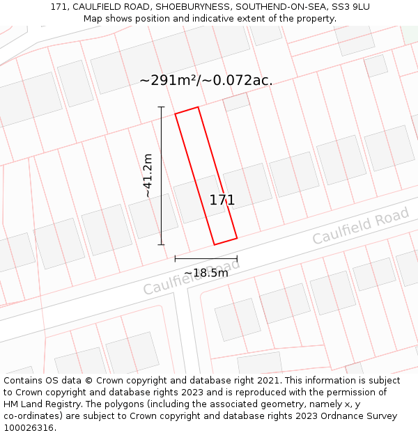 171, CAULFIELD ROAD, SHOEBURYNESS, SOUTHEND-ON-SEA, SS3 9LU: Plot and title map