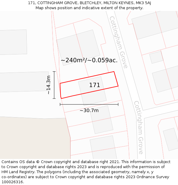 171, COTTINGHAM GROVE, BLETCHLEY, MILTON KEYNES, MK3 5AJ: Plot and title map