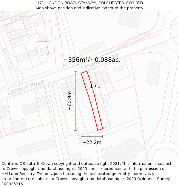 171, LONDON ROAD, STANWAY, COLCHESTER, CO3 8PB: Plot and title map