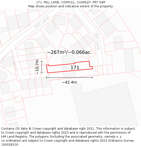171, MILL LANE, COPPULL, CHORLEY, PR7 5WP: Plot and title map