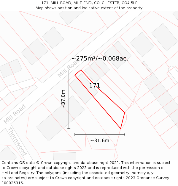 171, MILL ROAD, MILE END, COLCHESTER, CO4 5LP: Plot and title map