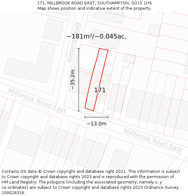 171, MILLBROOK ROAD EAST, SOUTHAMPTON, SO15 1HS: Plot and title map