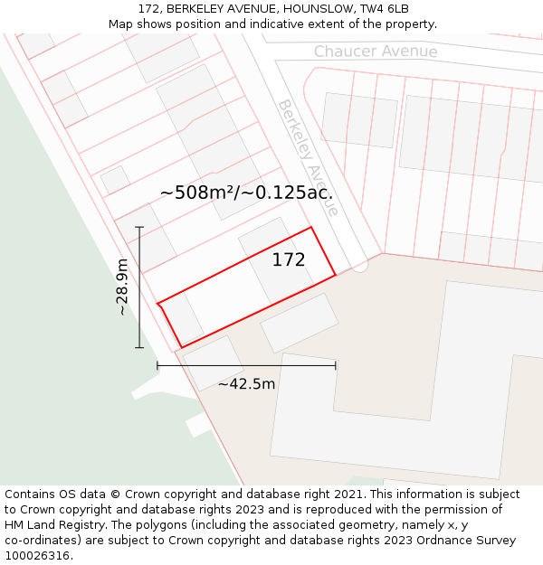 172, BERKELEY AVENUE, HOUNSLOW, TW4 6LB: Plot and title map