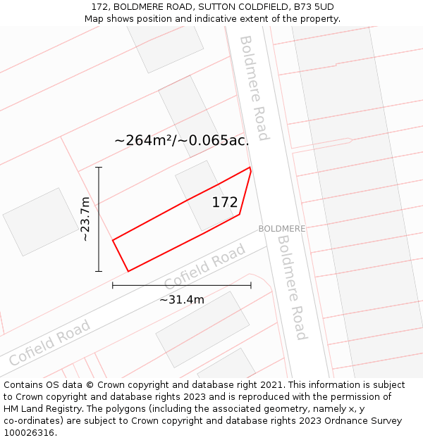 172, BOLDMERE ROAD, SUTTON COLDFIELD, B73 5UD: Plot and title map
