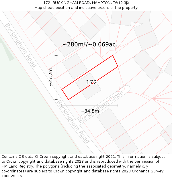 172, BUCKINGHAM ROAD, HAMPTON, TW12 3JX: Plot and title map