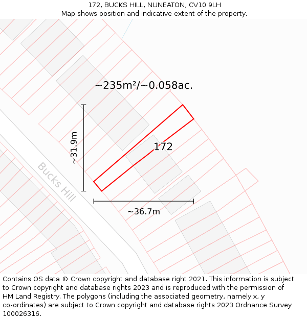 172, BUCKS HILL, NUNEATON, CV10 9LH: Plot and title map
