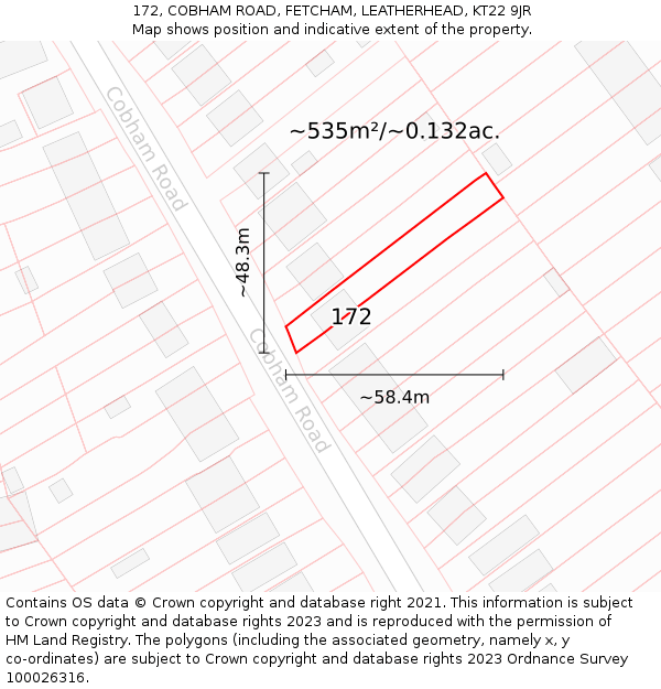 172, COBHAM ROAD, FETCHAM, LEATHERHEAD, KT22 9JR: Plot and title map