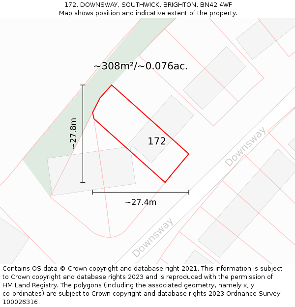 172, DOWNSWAY, SOUTHWICK, BRIGHTON, BN42 4WF: Plot and title map