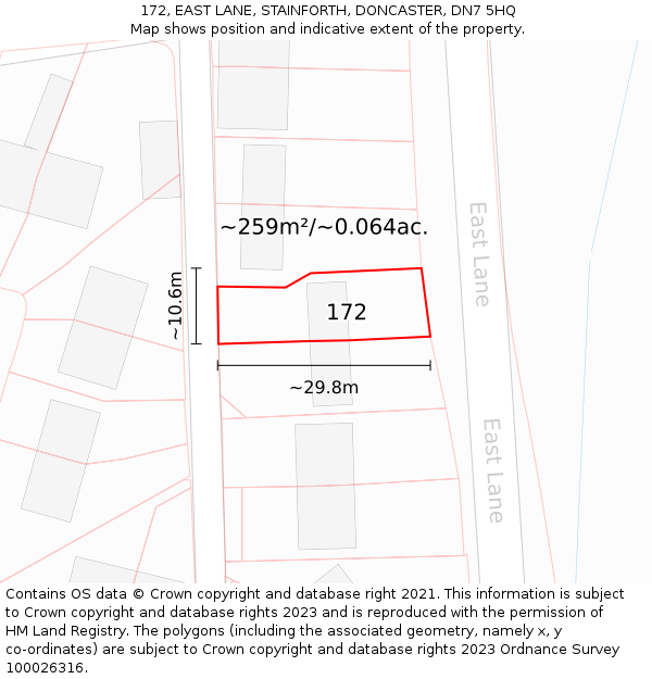 172, EAST LANE, STAINFORTH, DONCASTER, DN7 5HQ: Plot and title map