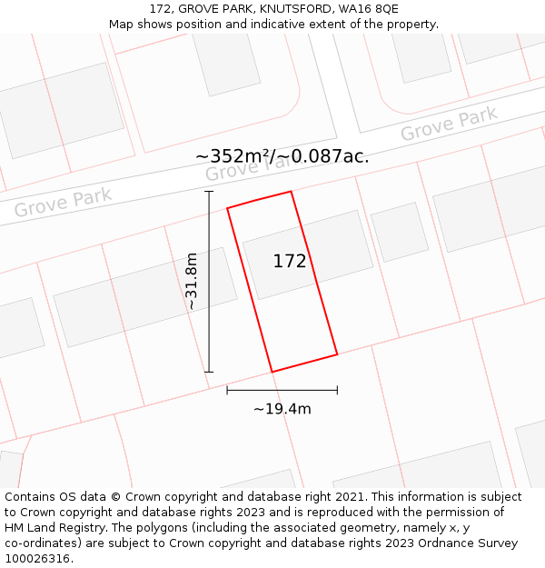 172, GROVE PARK, KNUTSFORD, WA16 8QE: Plot and title map