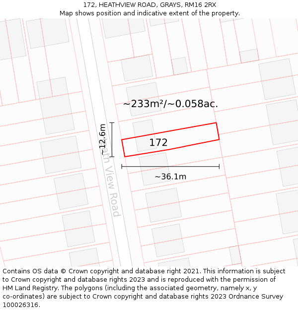 172, HEATHVIEW ROAD, GRAYS, RM16 2RX: Plot and title map