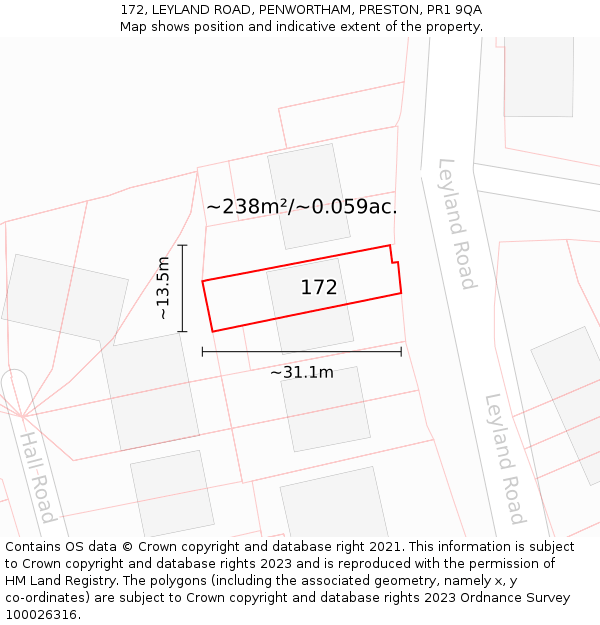172, LEYLAND ROAD, PENWORTHAM, PRESTON, PR1 9QA: Plot and title map